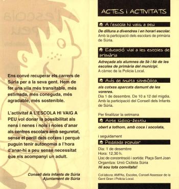 Interior del díptic de l’activitat “A l’escola hi vaig a peu” inclosa dins la Setmana de la Mobilitat Sostenible, 2001, Ajuntament de Súria. Arxiu Municipal de Súria.