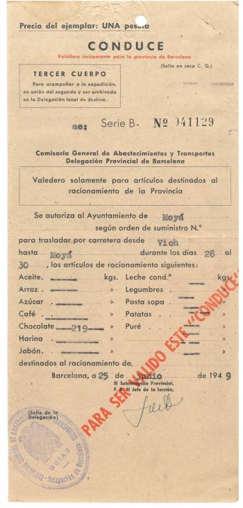 Salconduit per transportar xocolata, 1949. Moià, Arxiu Municipal de Moià.