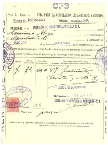 Ordre de subministrament de xocolata, 1949. Moià, Arxiu Municipal de Moià.